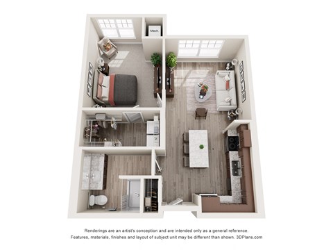 Floor plan for 1 bed, 1 bath, 770 sqft